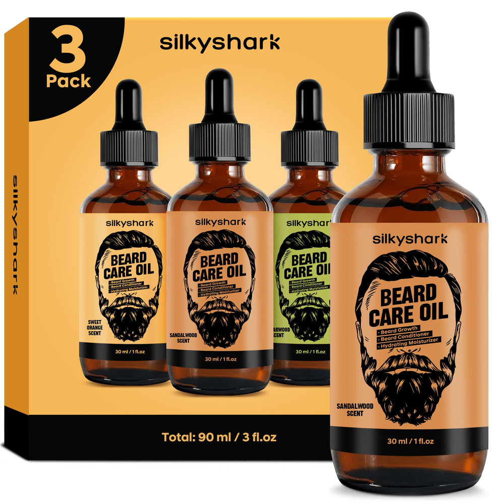 SilkyShark Huile Barbe – set de 3 bouteilles pour hydratation et grooming.