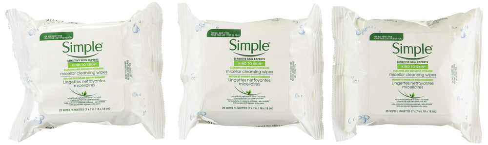 Lingettes démaquillantes micellaires Simple — emballage pratique pour un nettoyage rapide et doux.
