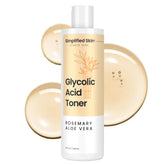 Simplified Skin tonique glycolique : bouteille sur plan de travail et exfoliation pour teint lumineux.