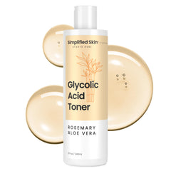 Simplified Skin tonique glycolique : bouteille sur plan de travail et exfoliation pour teint lumineux.