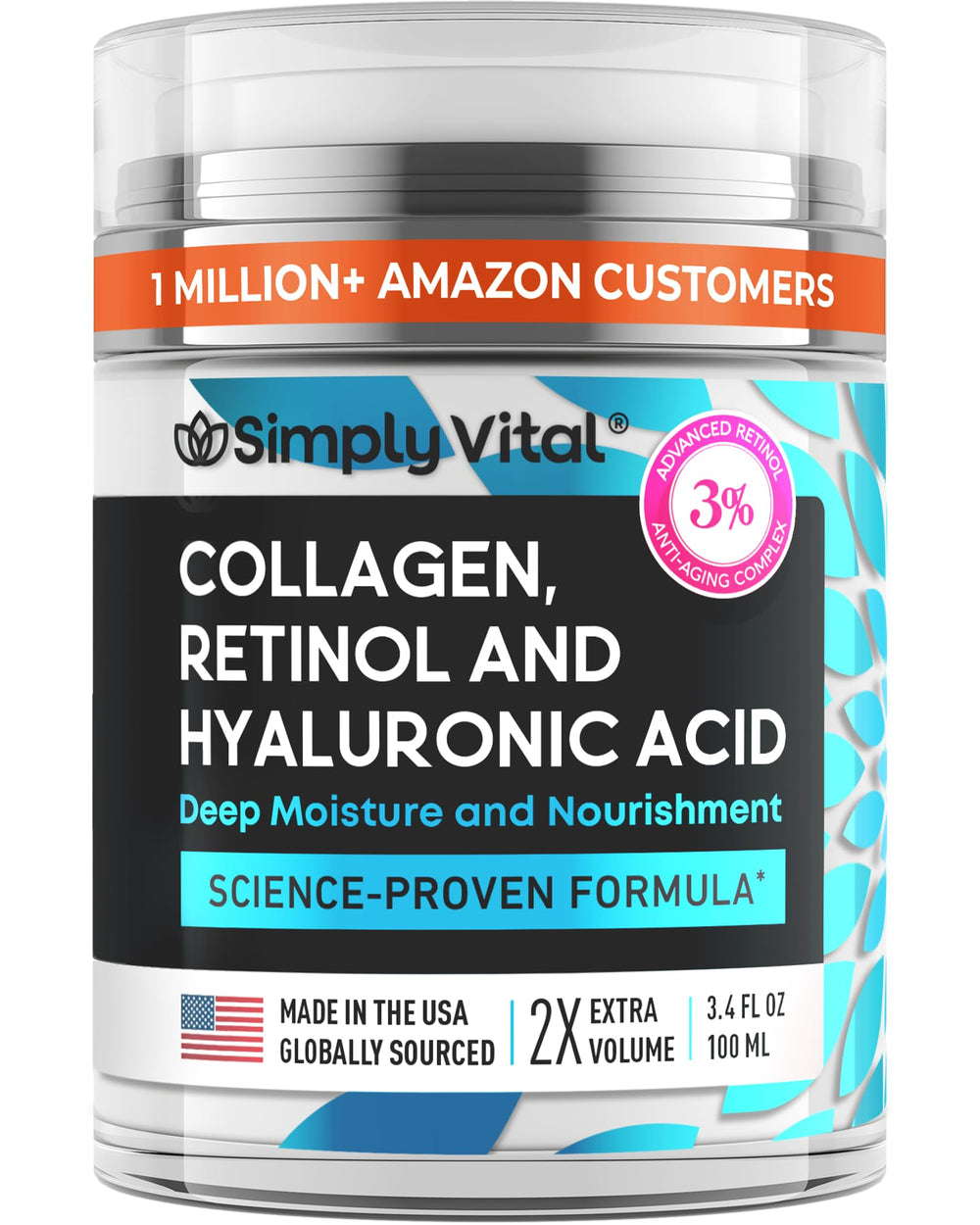 SimplyVital crème visage retinol-collagène-hyaluronique en bocal pour hydratation durable.