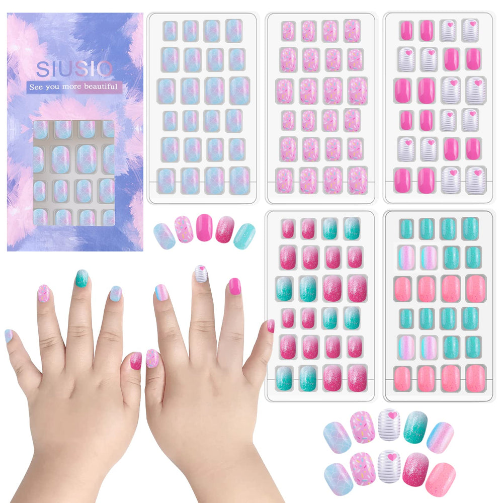 Ongles SIUSIO pour enfants pré-collés glitter arc-en-ciel, look festif rapide.