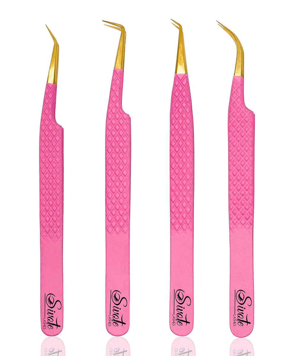 Pince à cils SIVOTE fibre, poignée diamant rose, ensemble 4, prise stable pour le travail