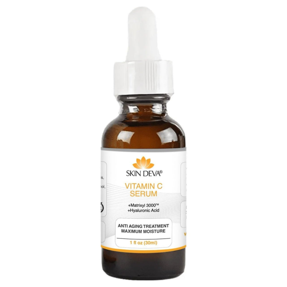 Sérum SKIN DEVA : bouteille vitamine C et hyaluronique pour peau lumineuse.