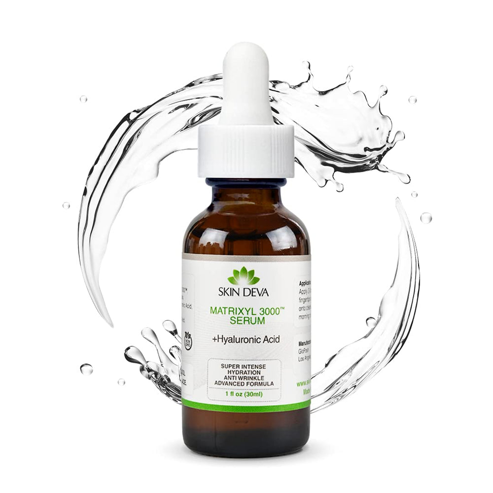Sérum SKIN DEVA Matrixyl 3000 avec acide hyaluronique dans la bouteille, hydratation durable.