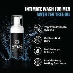 Skin Elements Nettoyant intime pour hommes, flacon translucide, touches d'arbre à thé et de fraîcheur.