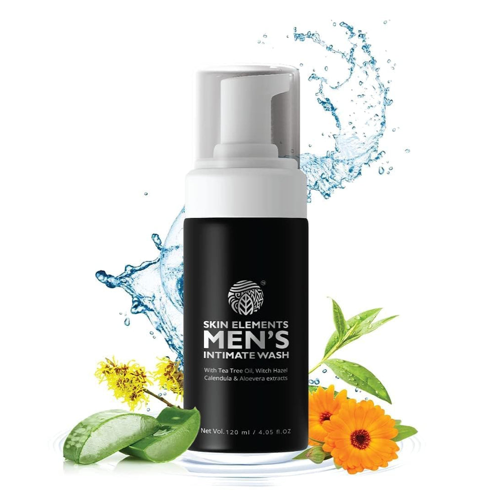 Skin Elements Nettoyant intime pour hommes, bouteille mousseuse, arôme arbre à thé pour une fraîcheur durable.