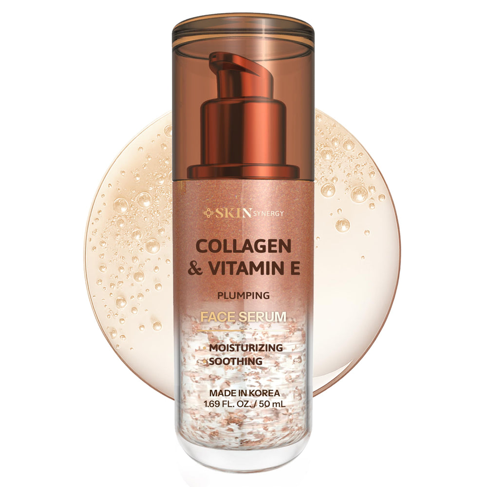 Skin Synergy Sérum Visage Bouteille montre le flacon et une hydratation durable.