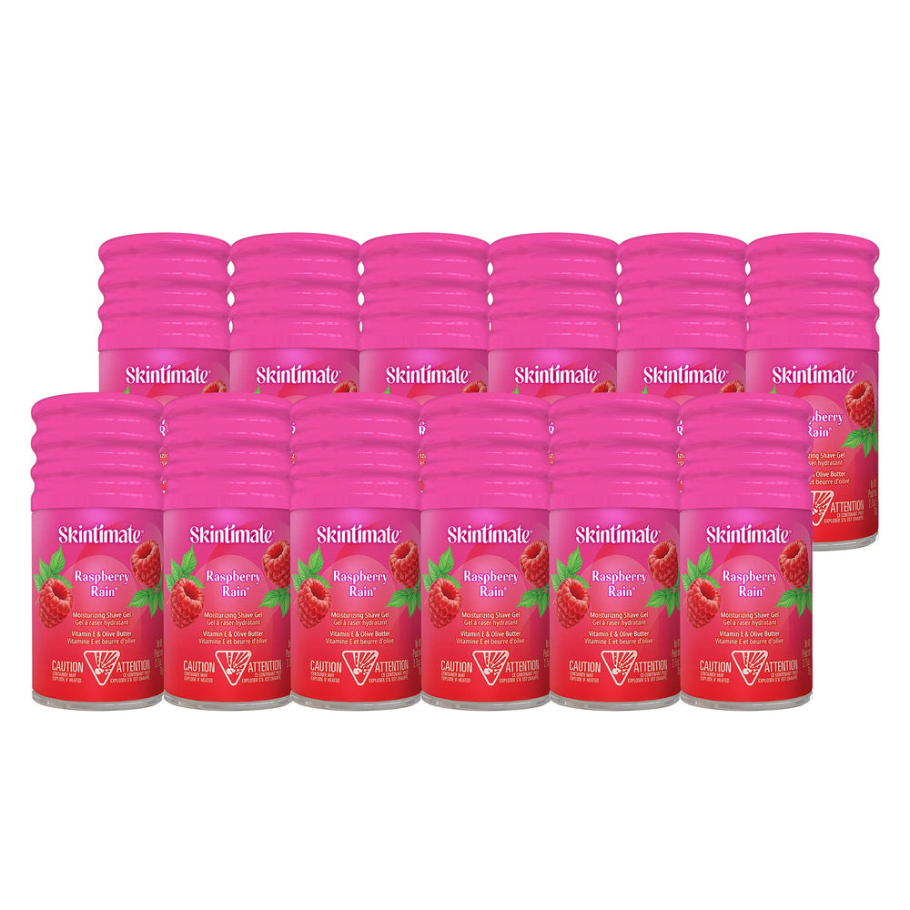 Skintimate Gel de rasage Senteurs Signature Framboise Pluie – bouteille, mousse fluide pour rasage confortable.