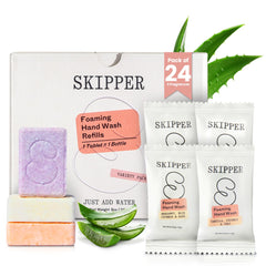 Skipper Tirtyl recharge savon mousse pastilles, emballage compostable, pratique et durable.