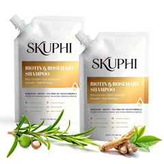 SKUPHI rosemary amino acid shampoo bottle highlighting nourishing formula and shine