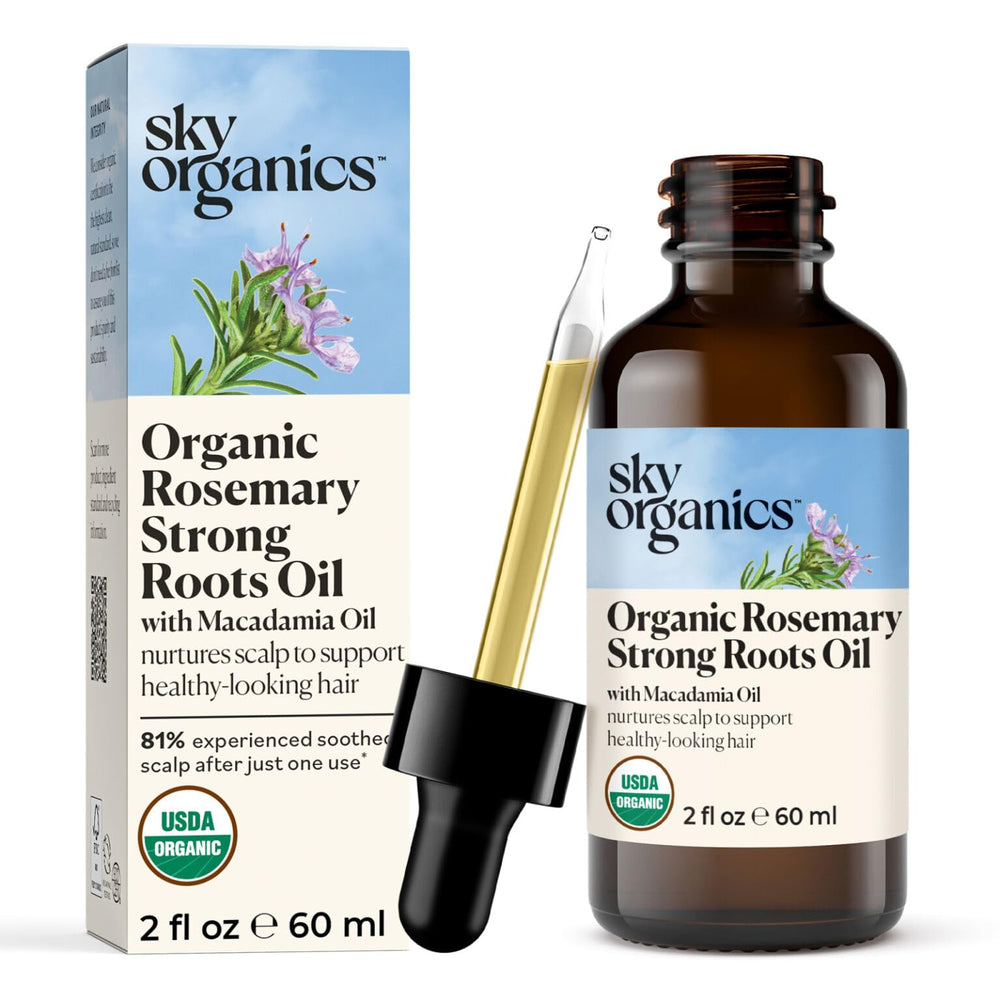 Sky Organics huile romarin – bouteille et goutte pour une application précise.