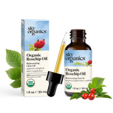 Sky Organics huile rose musquée format voyage sur visage pour un éclat naturel.