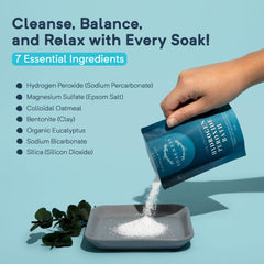 Soakness ingredients closeup highlights premium minerals for soothing body detox.