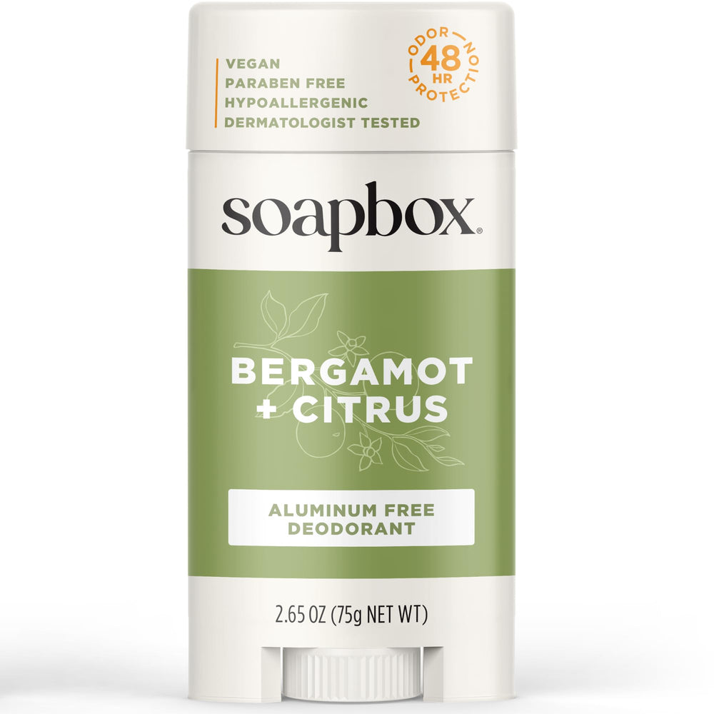 Soapbox déodorant sans aluminium Bergamote et agrumes, flacon élégant prêt à l’emploi.