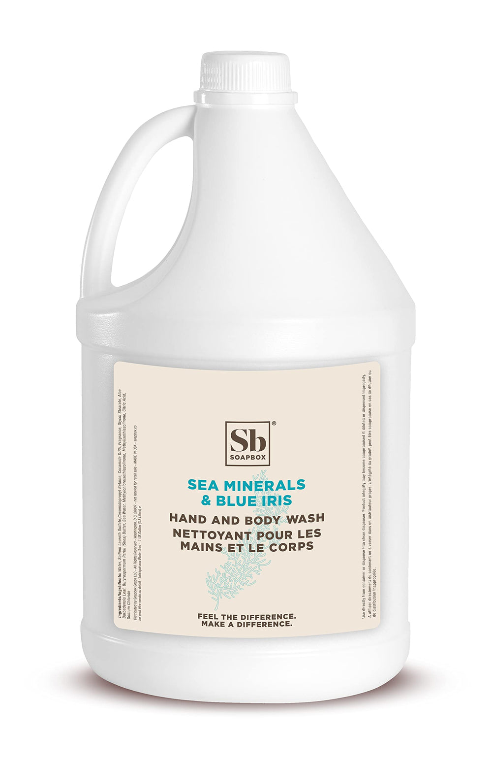Soapbox savon liquide Sea Minerals et Iris Bleu sur étiquette, nettoyage en douceur.