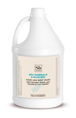 Soapbox savon liquide Sea Minerals et Iris Bleu sur étiquette, nettoyage en douceur.
