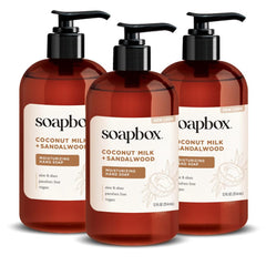 soapbox mains coco lait santal: pompe pratique, hydratation douce.