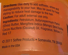 Softee Mango Butter Hair Dress – application sur cheveux pour démêlage facile et hydratation.