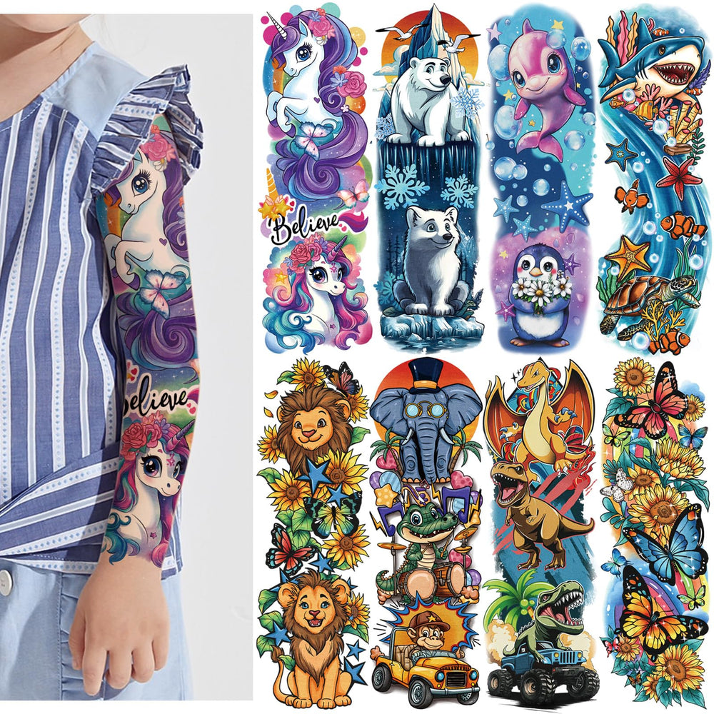 Tatouages SOOVSY pour bras complet avec lion et dinosaure, design vibrant pour fête.
