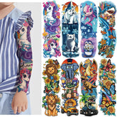Tatouages SOOVSY pour bras complet avec lion et dinosaure, design vibrant pour fête.