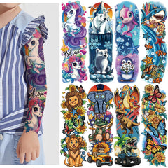 Tatouages SOOVSY pour bras complet avec lion et dinosaure, design vibrant pour fête.