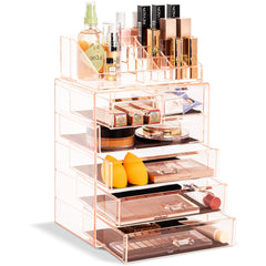Sorbus organisateur-maquillage rose, vue frontale pour retrouver rapidement les produits.
