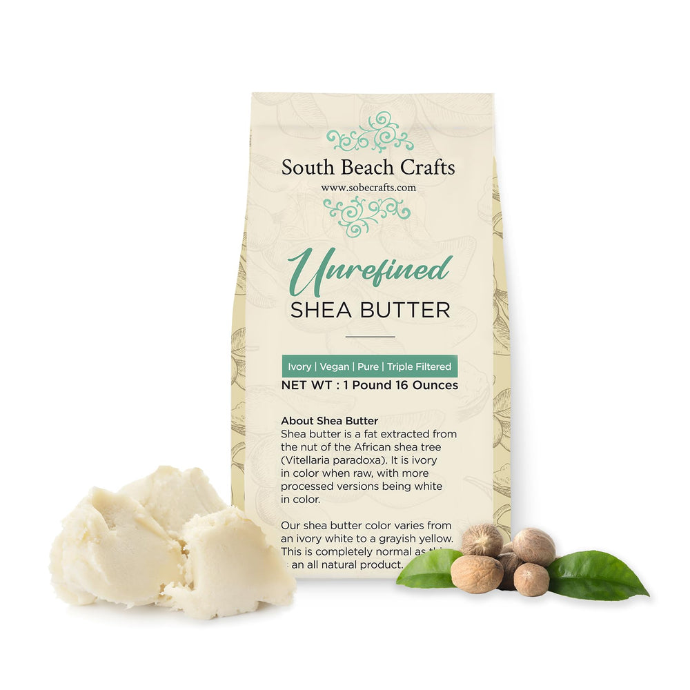 South Beach Crafts karité brut en bloc ivoire, texture riche pour hydratation.