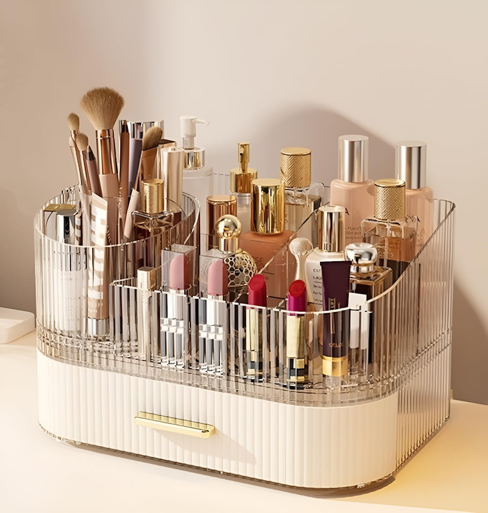 SpaceLuxe Organisateur Maquillage 360° vue d’ensemble, rangement élégant et pratique.