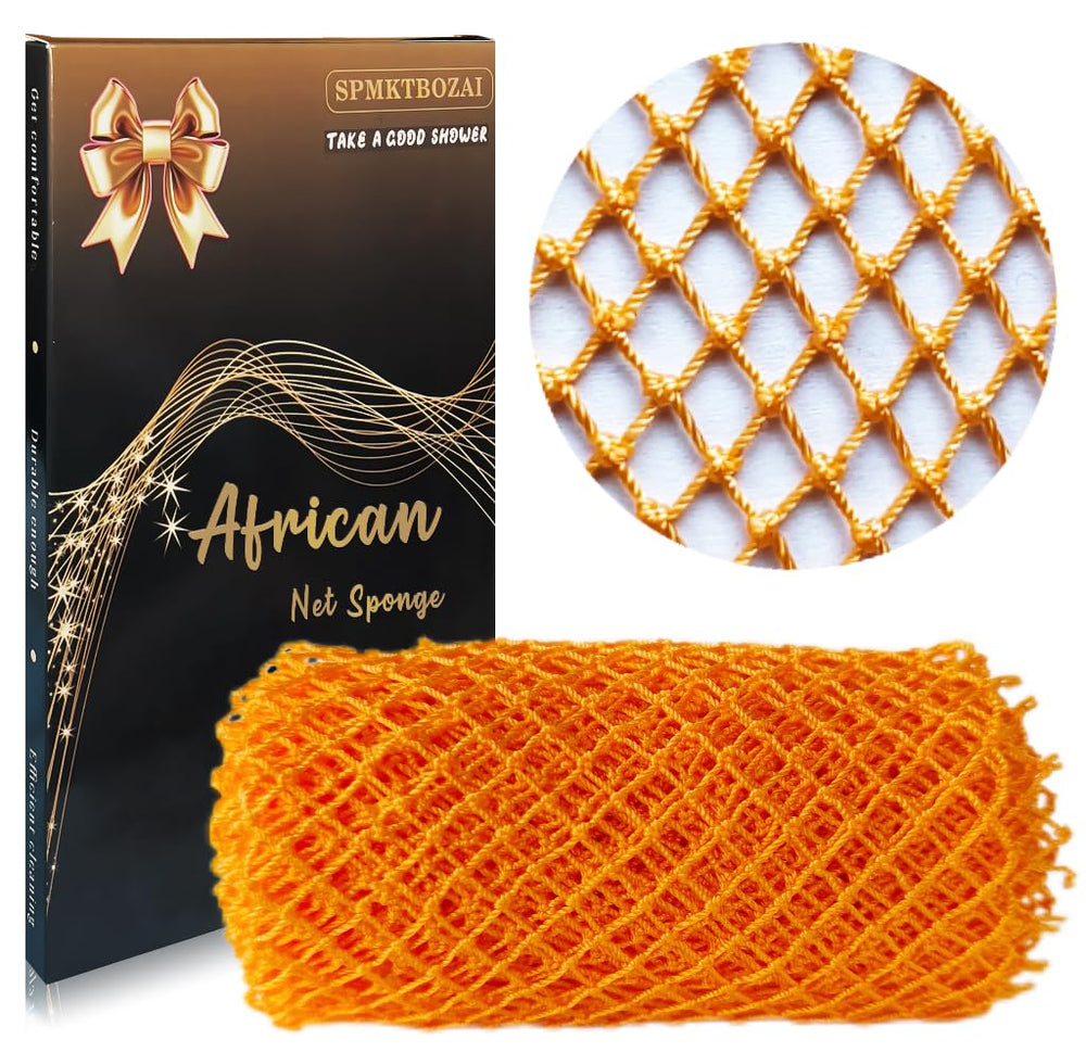 Éponge SPMKTBOZAI en filet africain orange, vue avant, exfolie en douceur pour une peau propre.