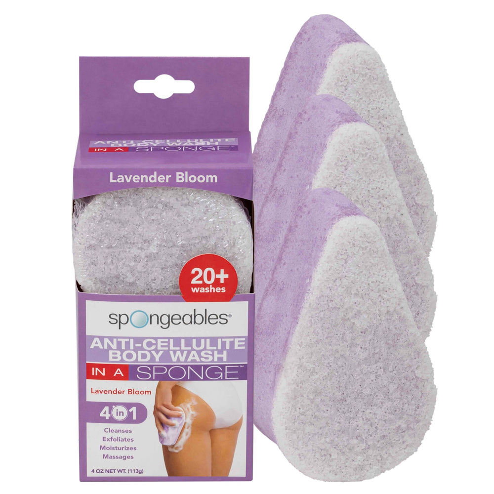 Spongeables éponge douche anti-cellulite lavande, texture double pour exfolier et hydrater.