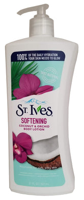 Lotion corporelle St. Ives coco et orchidée, pompe pratique pour hydratation durable.