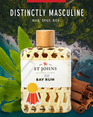 Étiquette et emballage premium de St. John Bay Rum renforçant l'expérience.