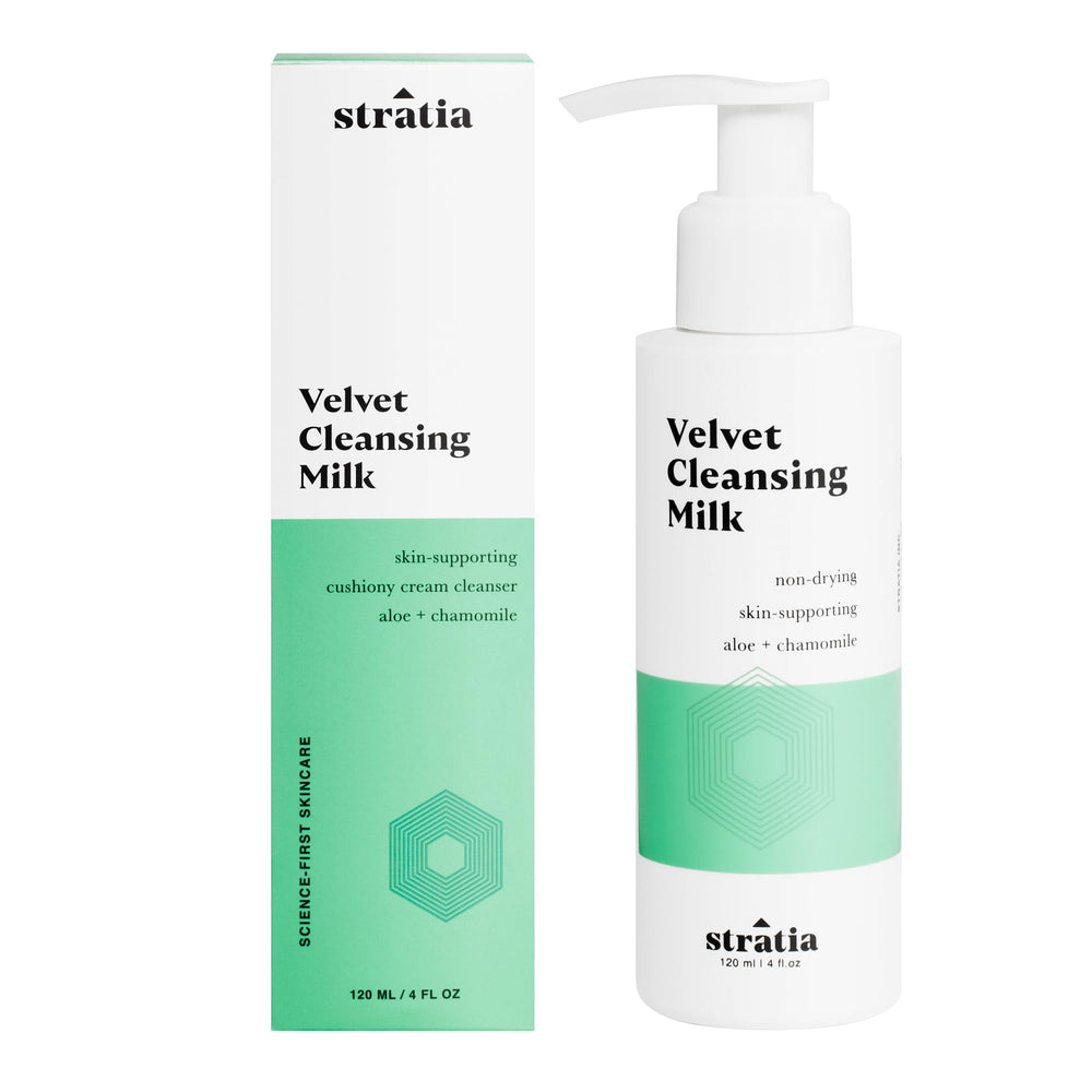 Bouteille Stratia Velvet Cleansing Milk, nettoyage doux sans mousse pour peau sensible
