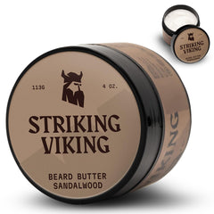 Beurre barbe santal Striking Viking, application facile pour une barbe hydratée et douce.