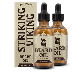 Striking Viking Huile Barbe Vanille — la bouteille offre une hydratation durable pour barbe.