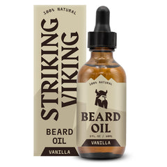 Huiles Striking Viking Vanilla pour barbe: bouteille pratique avec hydratation durable sans résidu gras.