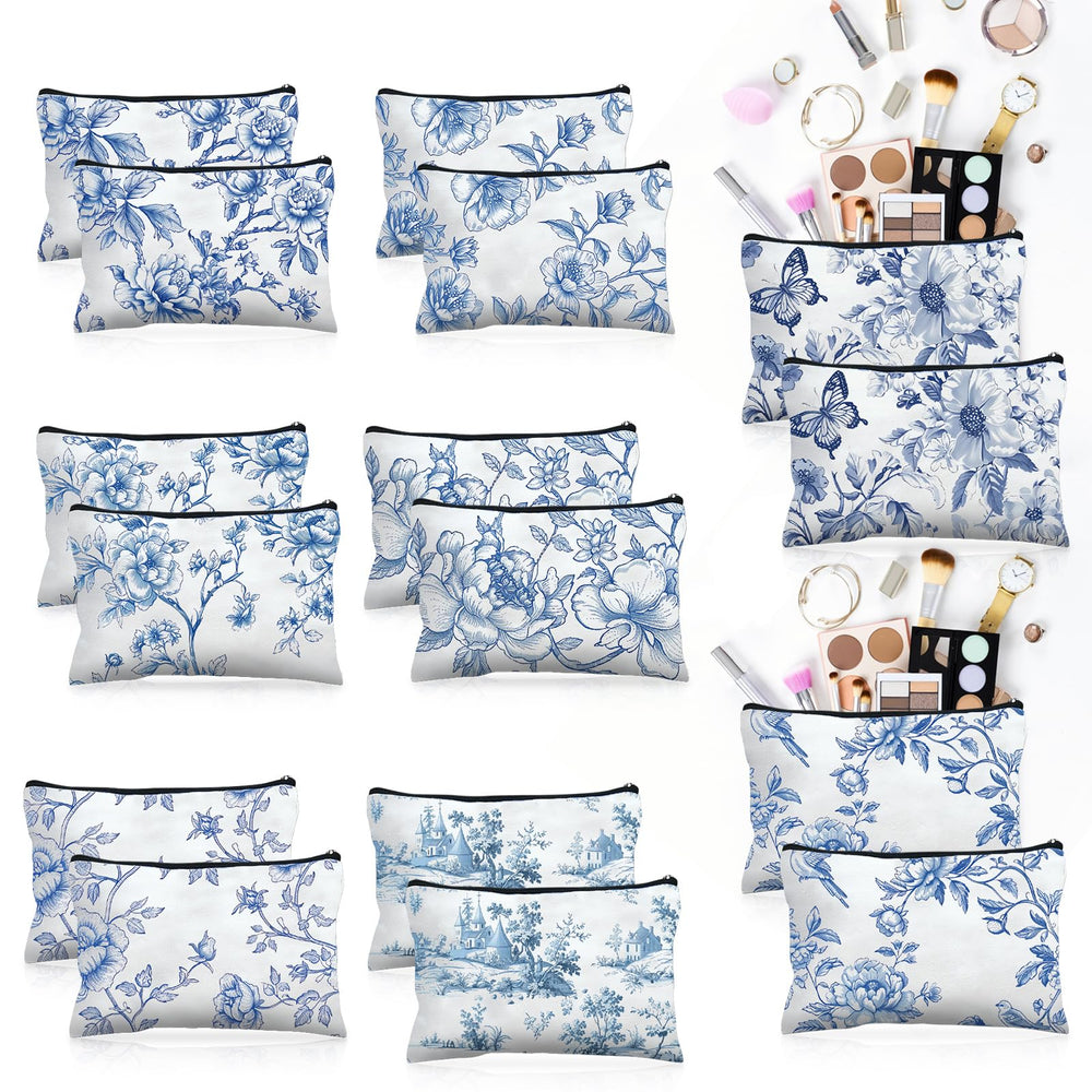 Trousse Stuffygreenus fleurs bleues et blanches, rangement pratique pour voyage