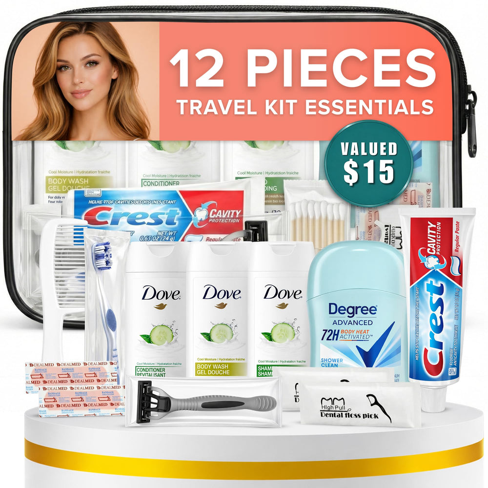 Kit Trektote de Stuhrling Bottle dans une pochette cosmétique transparente, pratique en voyage.