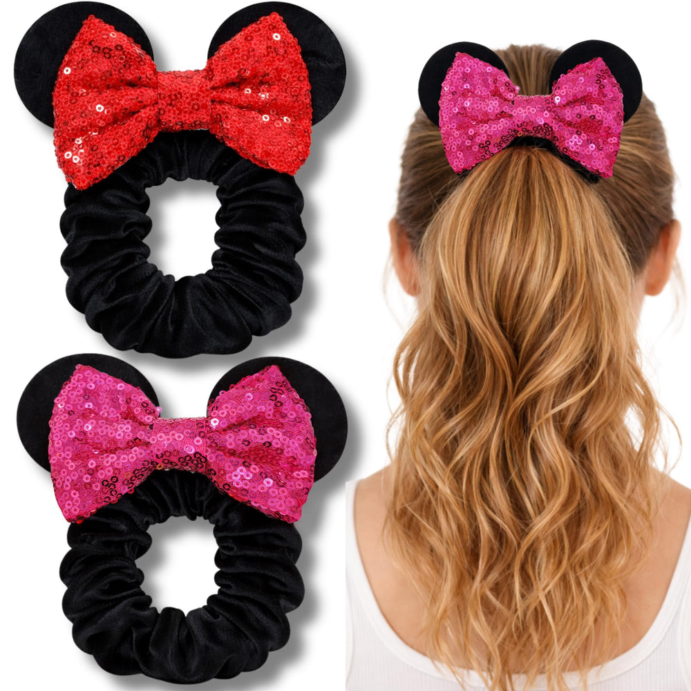 Styla Hair scrunchies oreille souris rose et rouge, parfaits pour queues de cheval festives.