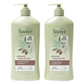 Suave Almond + Shea Butter shampoo bottle shows deep hydration for dry hair.
