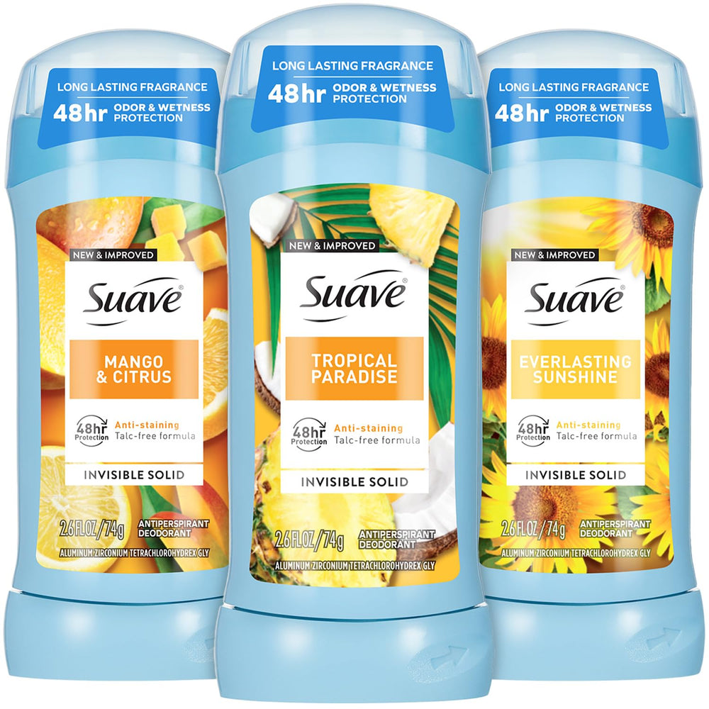 Suave Paradis Tropical, déodorant invisible, protection durable sans traces.