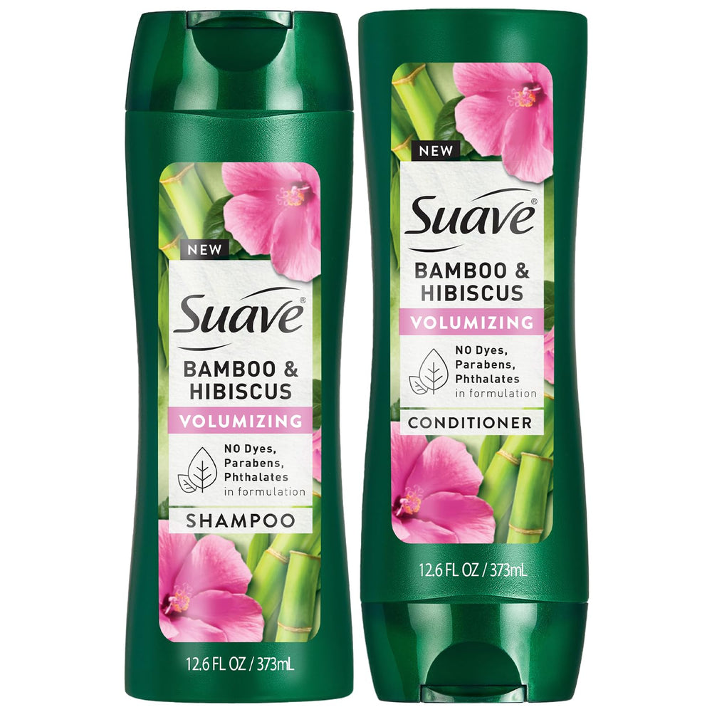 Shampoing Suave Bamboo & Hibiscus, bouteille lumineuse, volume instantané.