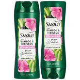 Shampoing Suave Bamboo & Hibiscus, bouteille lumineuse, volume instantané.
