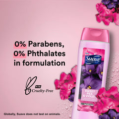 Bouteille Suave Wild Cherry Blossom, parfum fruité, hydratation légère pour la douche rapide.