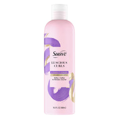 Conditionneur Suave pour boucles luxueuses, bouteille rose, facilite le coiffage.