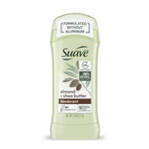 Déodorant Suave sans aluminium amande-karité, application fluide et douce.