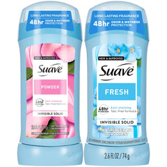 Duo Suave Frais et Poudré prêt à l’emploi dans l’emballage.