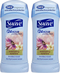 Suave Everlasting Sunshine emballage-déodorant, application discrète et parfum vanille.