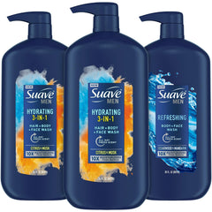 Gamme Suave Homme: pack douche 3-en-1 hydratant avec pompe et parfum Cèdre-Mandarine.